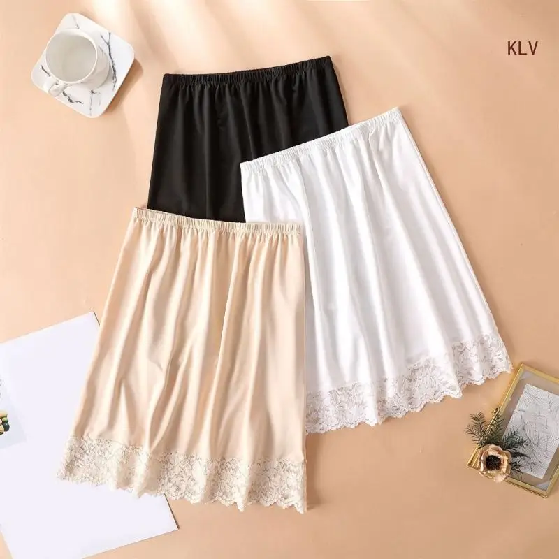 Women Knee Length Half Slip Underskirt Elastic Waist Solid Color Lace Trim Petticoat Basic Half Skirt for Under Dresses