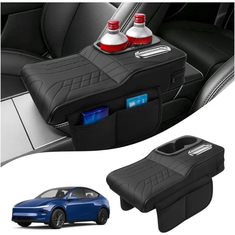 Car Armrest Cushion Leather Protective Cover Pad Multifunctional Center Console Cover with Tissue Holder Cup Slot Side Pockets