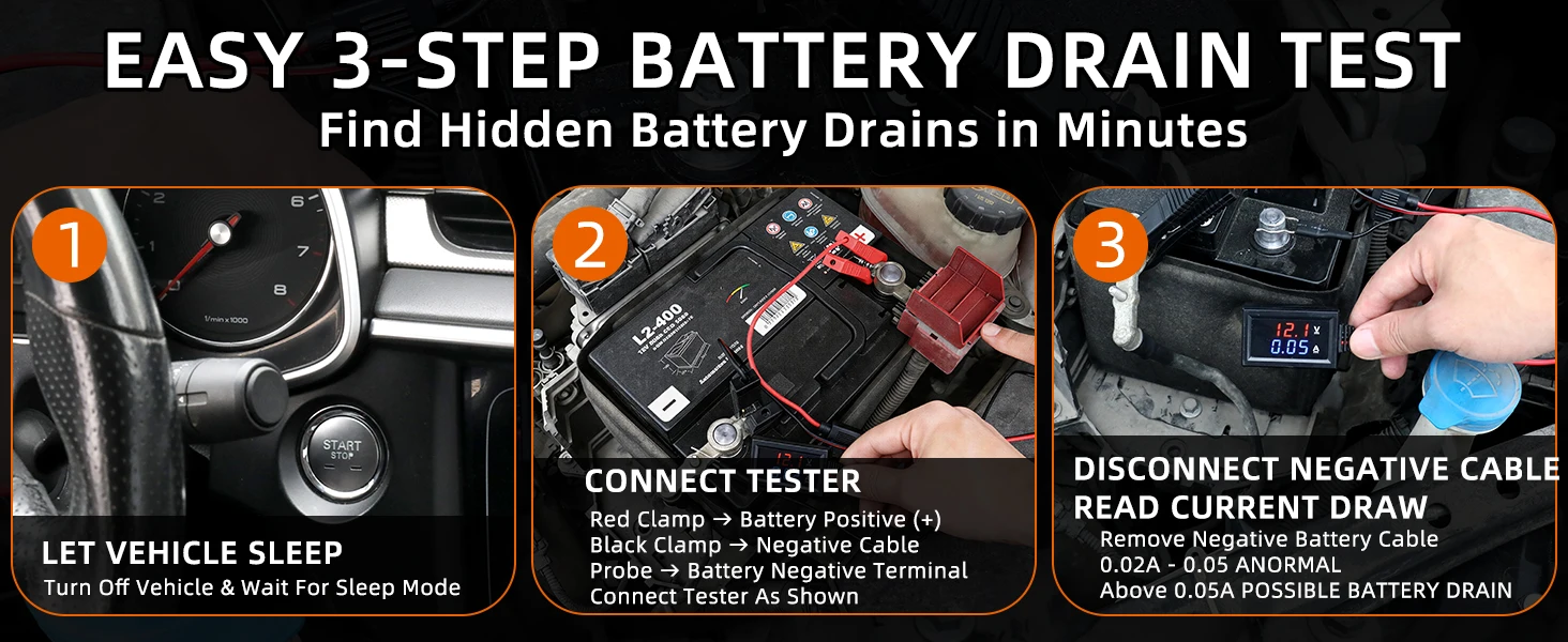 Parasitärer Batterieverbrauchstester, Auto-Batterie-Leckagedetektor mit Sicherung, sicherer Stromleckfinder ohne Trennung, Diagnosetool – Detail 4