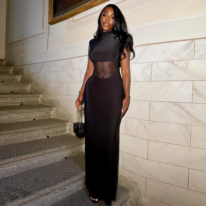 DSMTRC Coltrui Mouwloze Sexy Slanke Maxi Jurk Vrouwen Jurk Elegante Patchwork Mesh Sheer Bodycon Club Party Zwarte Lange Jurken