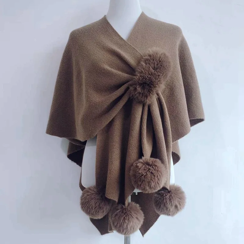 Women Knitted Cape Shawl with Fur Pom Pom Elegant V Neck Wrap Poncho Winter Warm Faux Fox Fur Decor Stole Evening Party Scarf