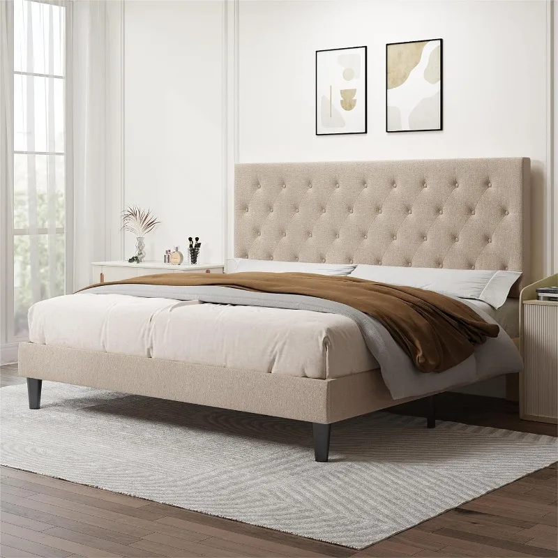 

King Bed Frame with Adjustable Headboard/Diamond Stitched Button Tufted/Fabric Upholstered Platform Bed Frame/Wood Slat Support