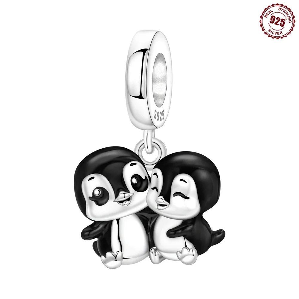 S925 Sterling Silver Adorable Couple Penguin Charm Best Friends Dangle Pendant Fit Bracelets Cute Animal Jewelry Gift for Women