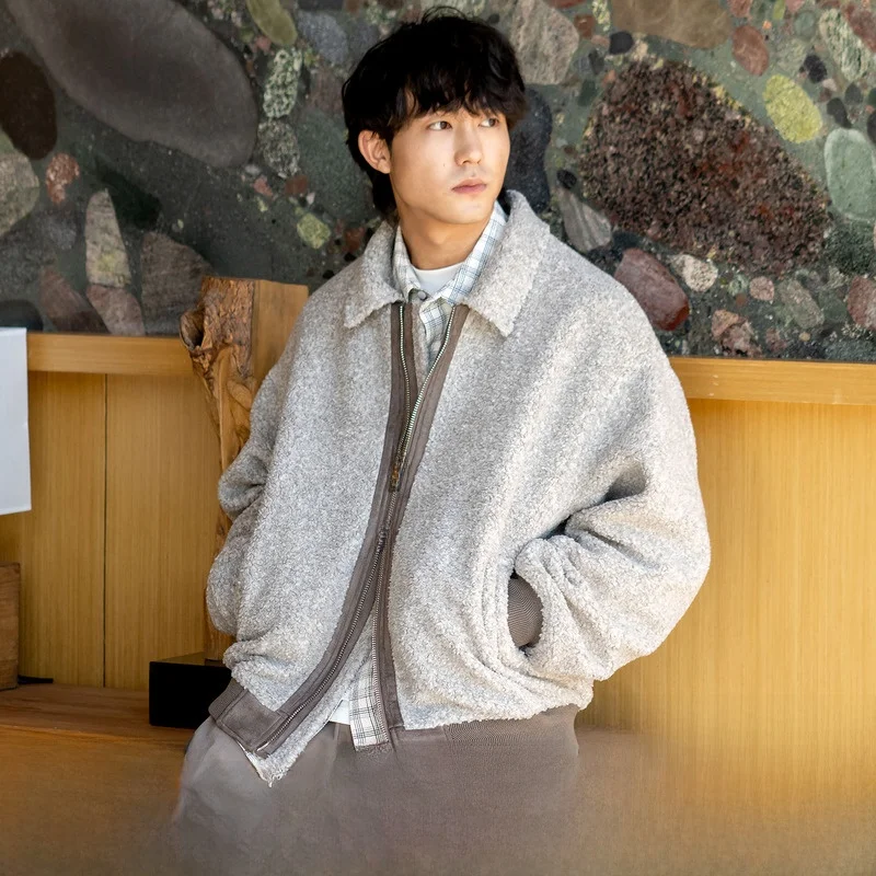 

Stand Japanese Sle Star Suede Wool Blend Jaet Autumn Winter Warm Outerwear Zipper Decoration Loose Fit Polyester