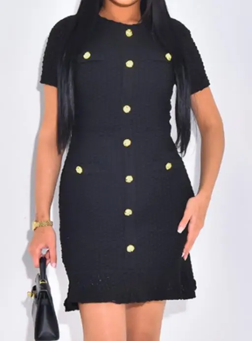 

Elegant Button Short Sleeve Long Skirt Dress for Women Fashionable Maxi Autumn Winter 2025 Temperament Dress