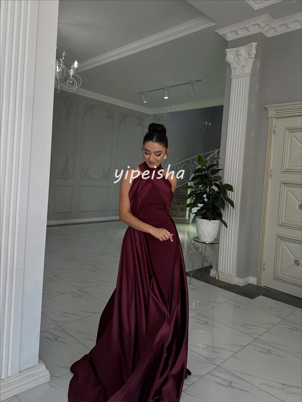 تخصيص رائعة كلاسيكية جيرسي الطية مستقيم الياقة العالية فساتين طويلة مخصصة فساتين المناسبات النمط الصيني الرائع