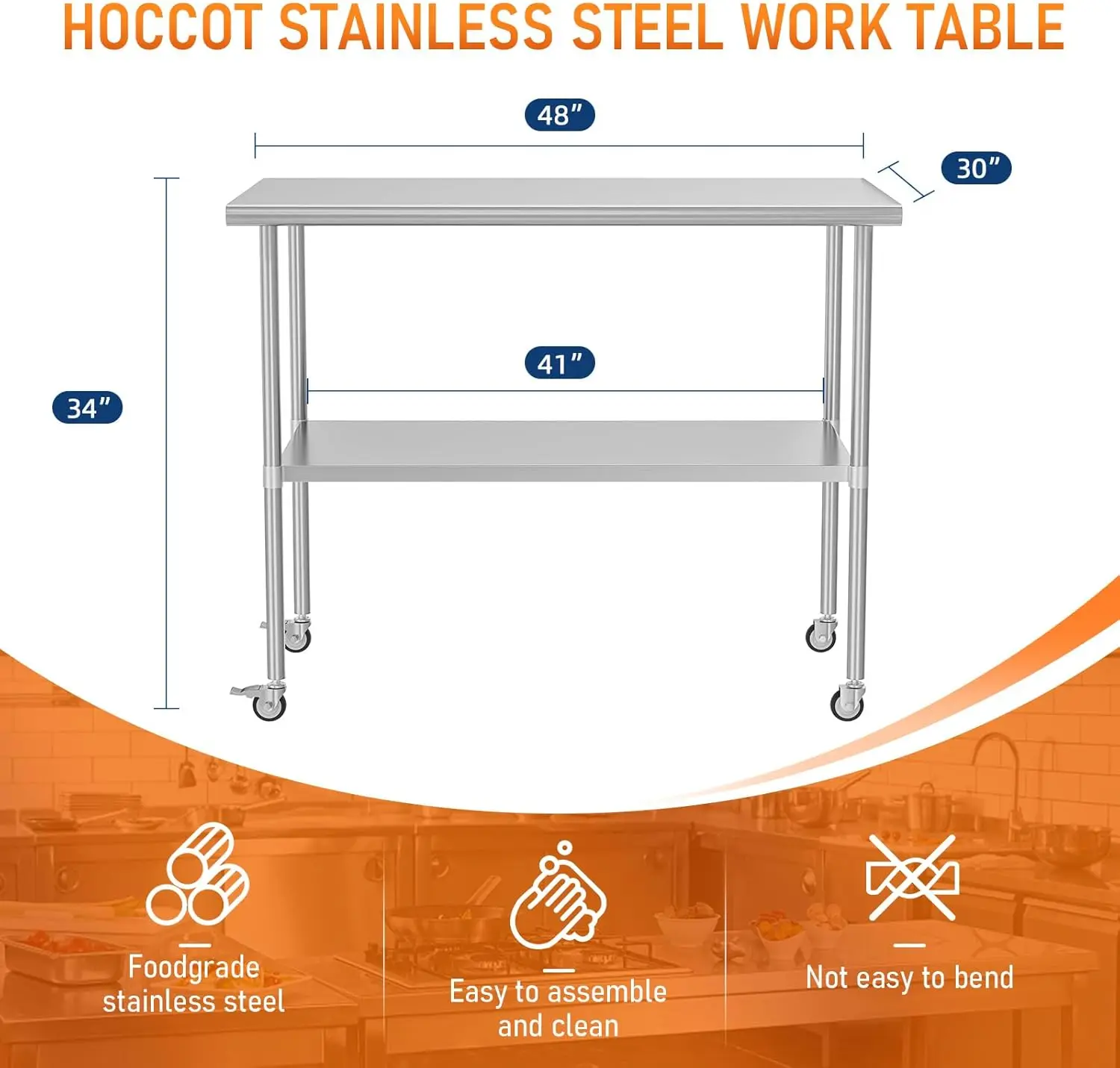 Work Table with Adjustable Shelf, with Wheels, Kitchen Island, Commercial Workstations