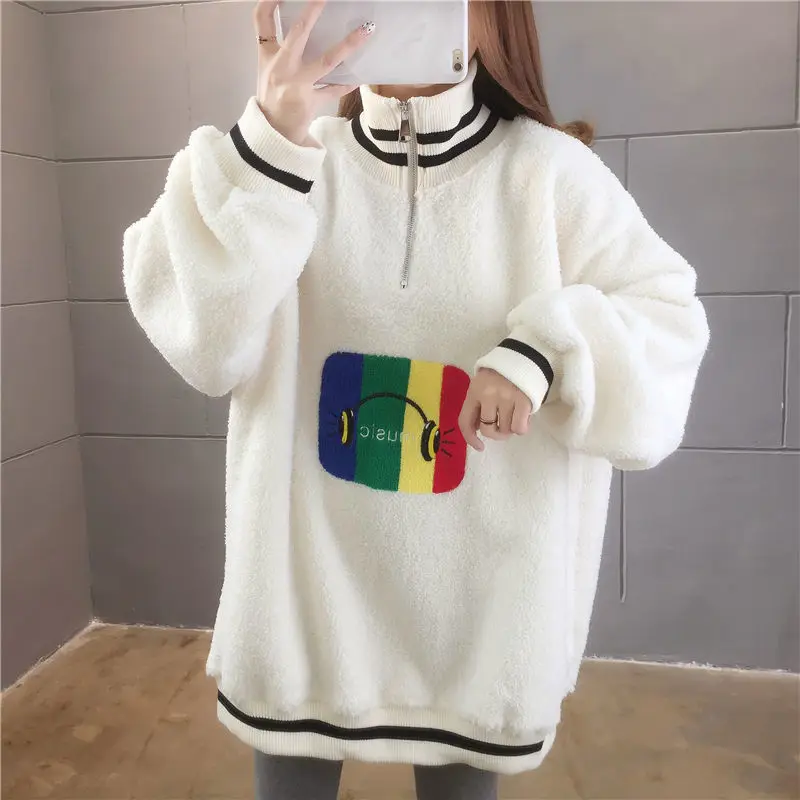 Winter Dikke Warm Lam Fleece Toevallige Trui Vrouwen Sweatshirt Geborduurde Harajuku Patroon Muziek Headset Hoody Vrouwelijke