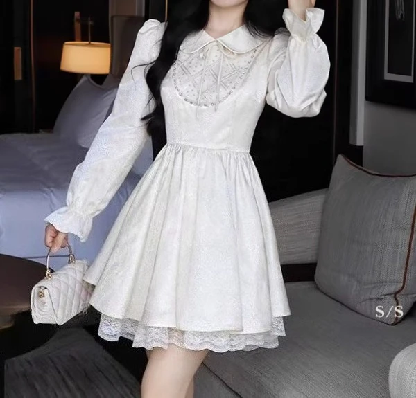 Lente Herfst Zoete Peter Pan Kraag Lange Mouw Prinses Jurk Mode Veelzijdige Leeftijdsverlagende Japanse Nep Tweedelige Jurken