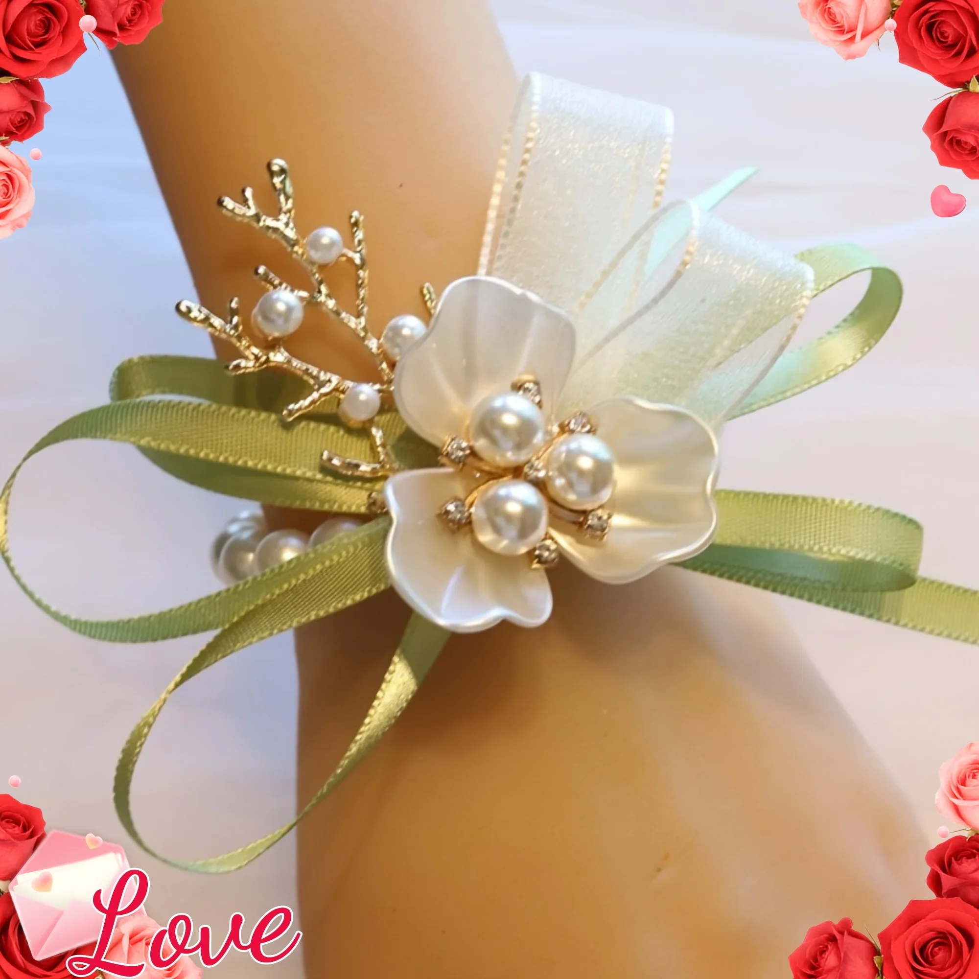 1 Stück Französischer Mori-Stil Grüne Brautjungfern-Handgelenkblume Kleidungszubehör Hochzeitsbedarf Brautkleid-Schmuck Partydekoration