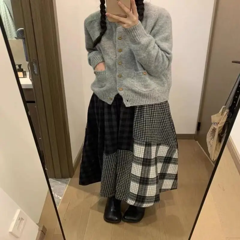 

Шерстяная юбка в стиле ретро, зимняя нерегулярная клетчатая длинная юбка с высокой талией, милая кавайная модная длинная юбка с цветными блоками