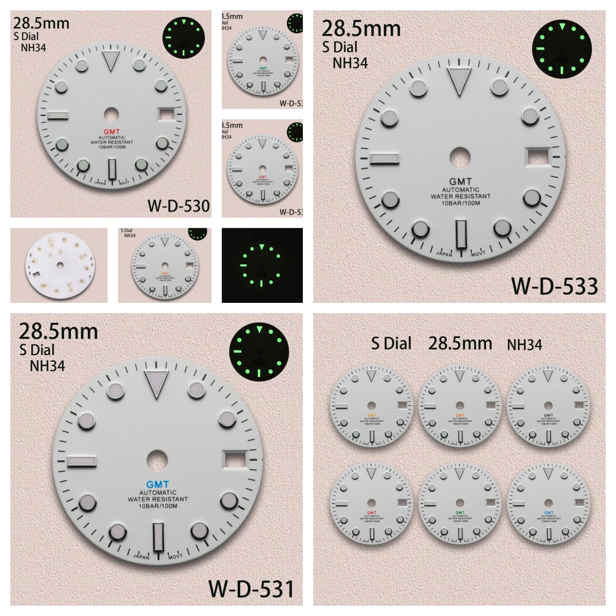 28.5mm White GMT S Dial Fit NH34 Automatic Movement C3 Green Luminous High-Quality Watch Modification Accessories