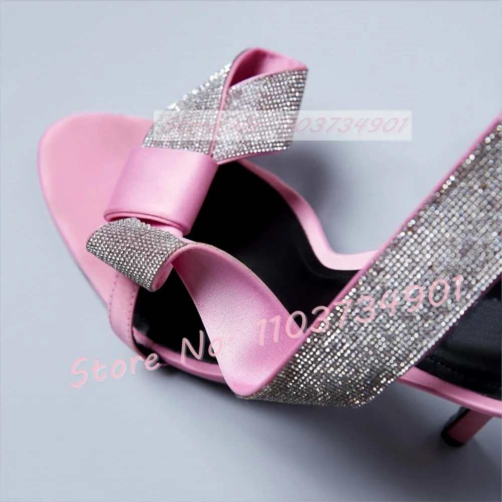 Yellow Crystal Ribbon Wrap Sandals Women Sweet Bowknot Open Toe Thin High Heels Sandals Classy Cross Strap Satin Big Size Shoes