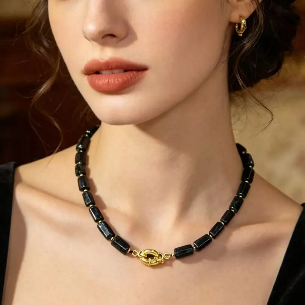 17-20inch Black Tourmaline Punk Vintage Natural Gestone Retro Men Women Unisex Chokers Necklace