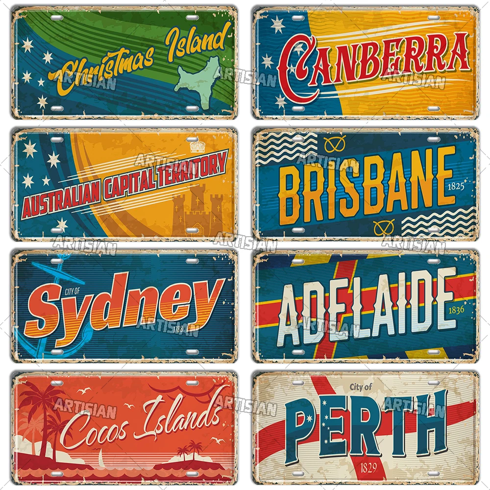 Artisian Australia New Zealand Ctiy Metal Sign Travel Tin Plaque Landmark Decorative License Plate Car Plate  Wall Decor Garage