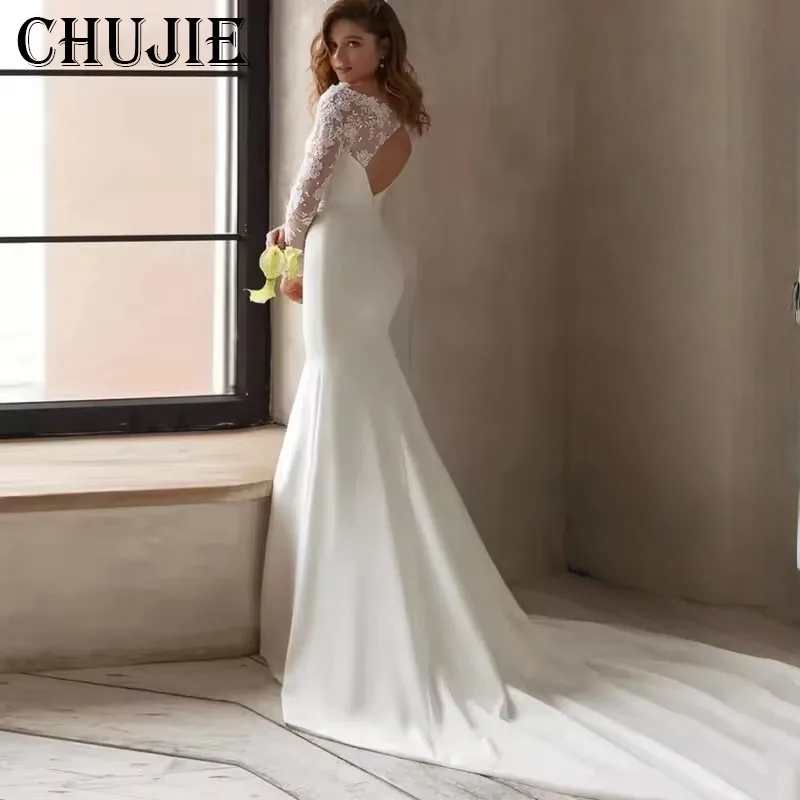 Appliques แขนยาวชุดแต่งงาน Elegant Mermaid ชุดเจ้าสาวกับรถไฟ Custom Made ชุดเจ้าสาว O คอ Vestido de novia