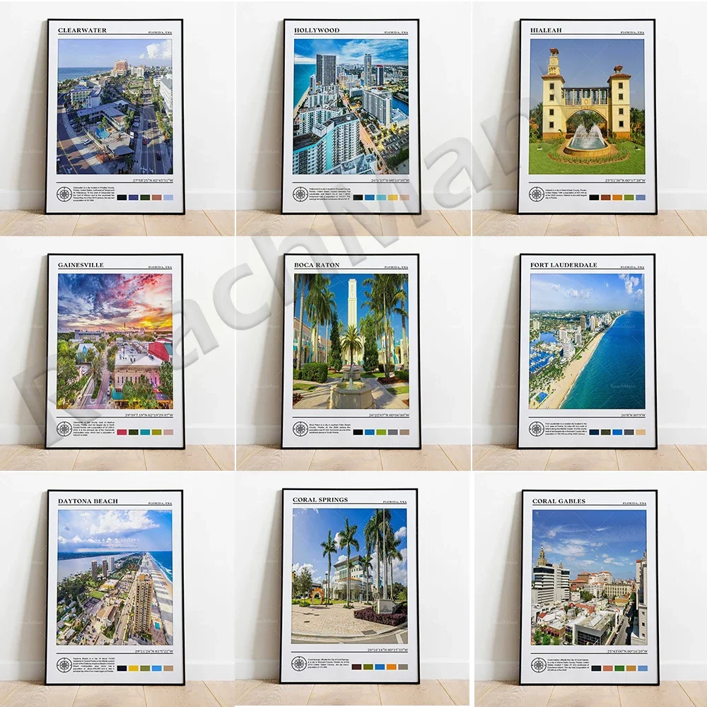 USA Boca Raton, Bradenton, Cape Coral, Clearwater, Daytona Beach, Hialeah, Fort Lauderdale, Destin USA Florida travel poster