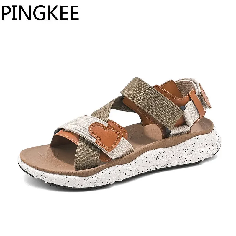 PINGKEE Hook Loop tessuto superiore regolabile Casual rotondo Open Toe sandali da spiaggia Slip on sandalo maschile in pelle scarpe da uomo estive