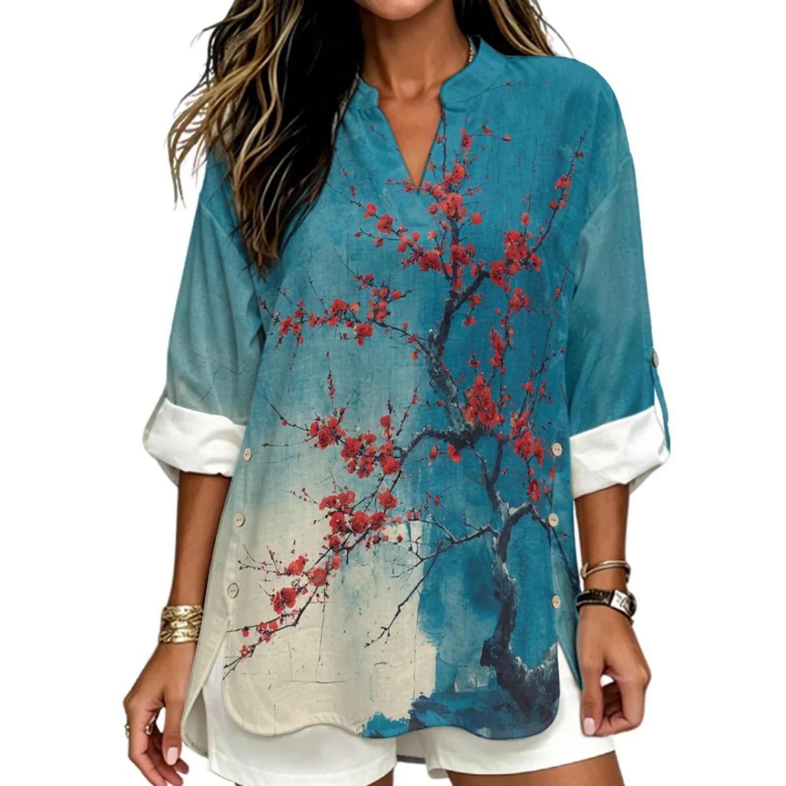 PENSTROLL Red Blossom Tree Linen Like Women's Blouse for Beach Vacation Side Slit Hem Beach Tops Women's Long Sleeve Tops