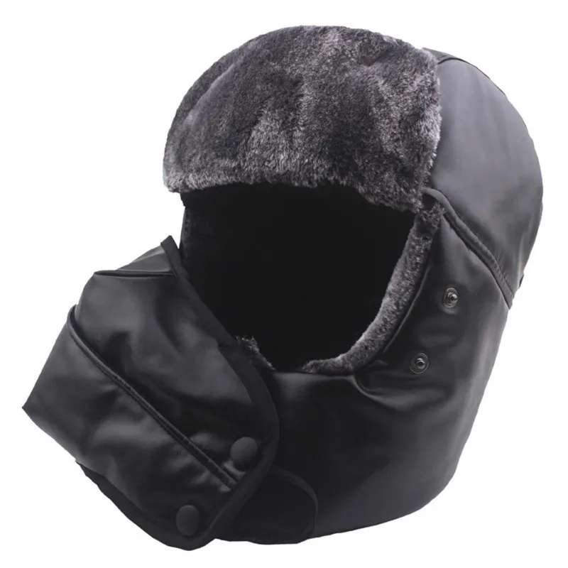 Winter PU Leder Maske Hut Outdoor Fleece Gepolsterte Warme Bomber Hut Winddicht Kälte Beweis Gehörschutz Kappe Russische Hut Unisex