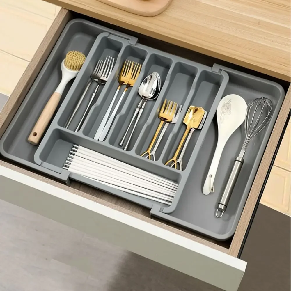 Plastic Expandable Utensil Tray Large Capacity Adjustable Cutlery Storage Tray Waterproof Flatware Storage Divider for Home