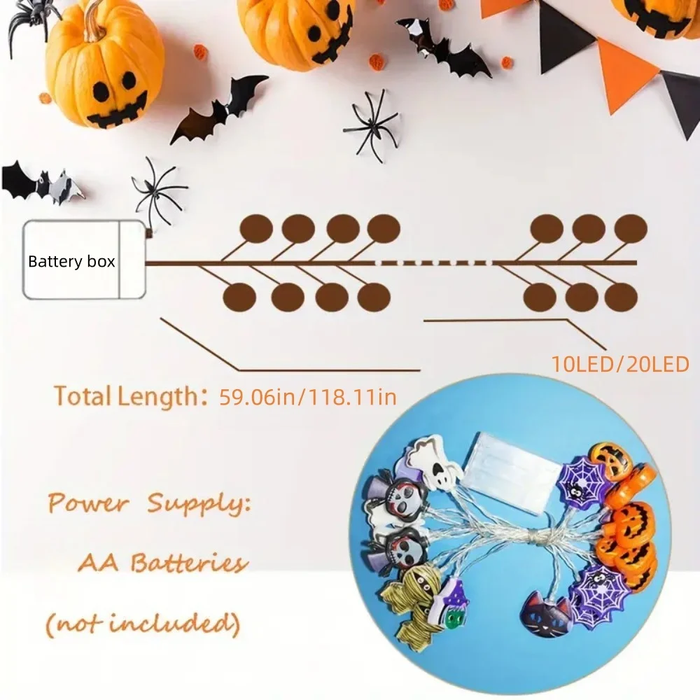 1.5M/3M Halloween Character String Lights Ghost Bat Skull Witch Pumpkin Lights for Porch Balcony Window Haunted House Decor image 6