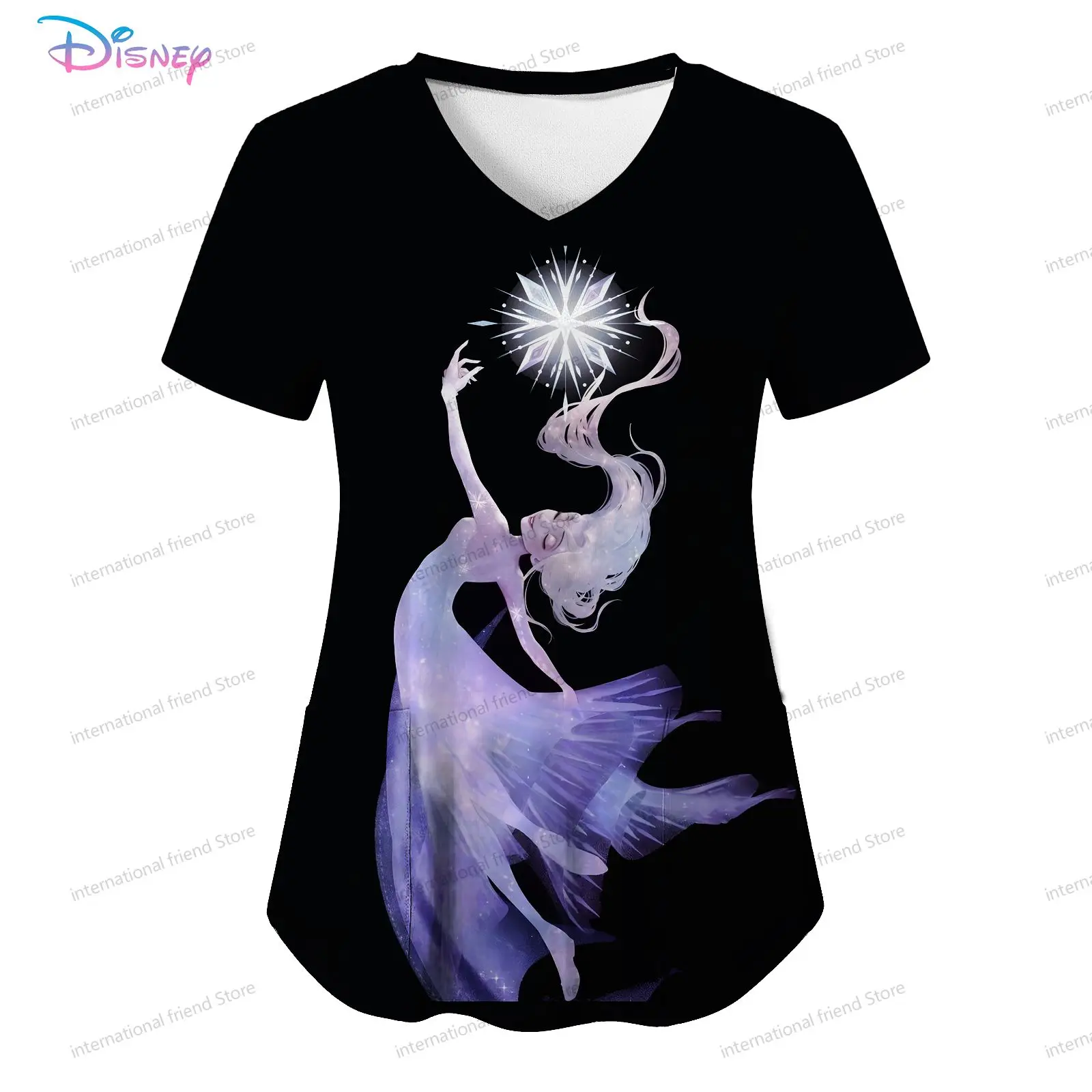 Women's V Neck Nurse Uniform T-Shirt Disney Princess Pocket S-2XL Youthful Woman Clothes New Dress Summer Kawaii Cheap Top Y2k