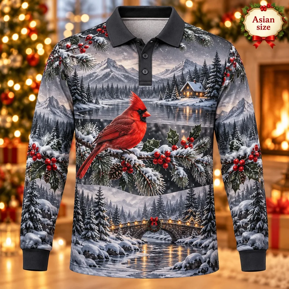 New Christmas Red Cardinal Long Sleeve Polo Shirt for Men 3D Print Polyester Holiday Graphic Festive Casual Winter Gift Tops