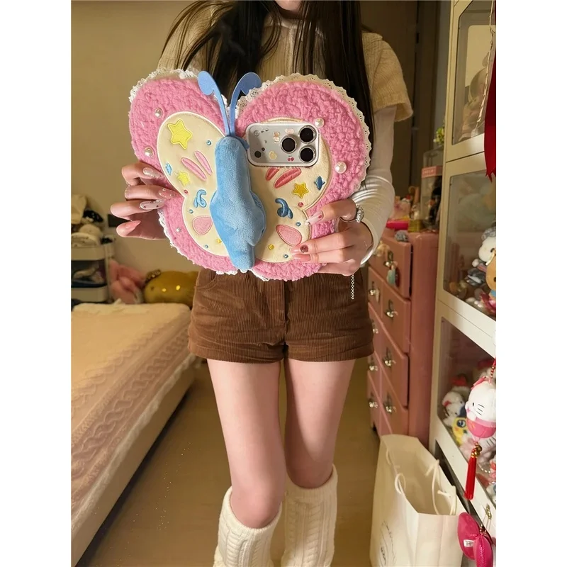 New autumn/winter plush flip phone case with 3D butterfly design, suitable for iPhone 15 and 14, crossbody strap bag.