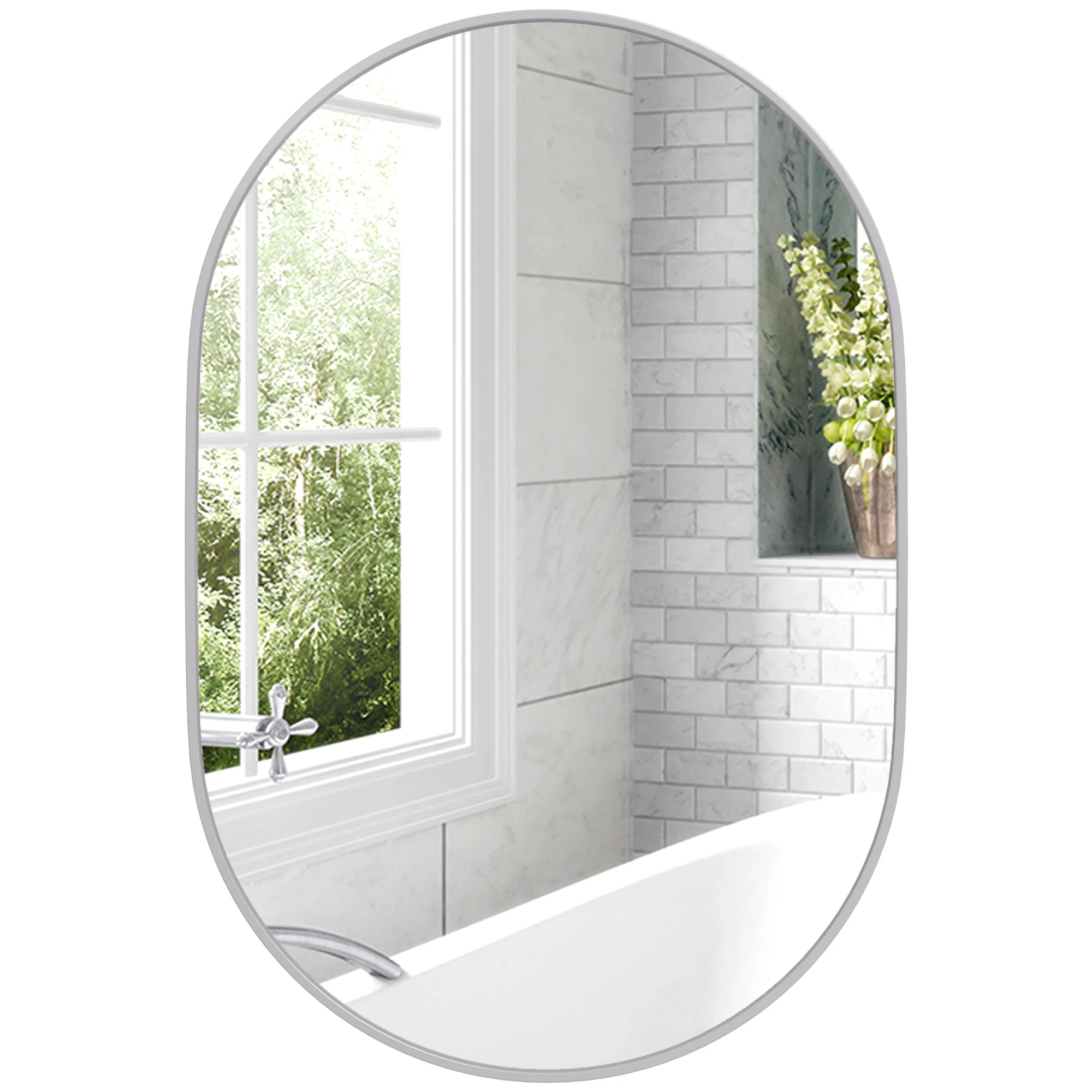 HOMCOM Espejo de Baño Ovalado 60x90 cm con Marco de Aluminio para Salón Plata