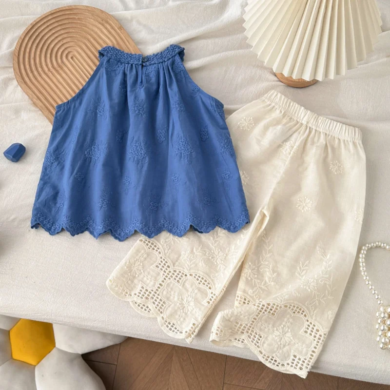 

Summer girls' outfit new style lace embroidered tank top and lace wide-leg pants two-piece set for wholesale