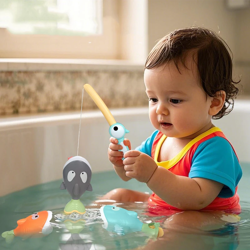 Magnetic Fishing Toy Floating Water Toy Cartoon Fishing Bath Game Shark Bathroom Toy  Summer Pool Bathtub Toys for 18months Baby