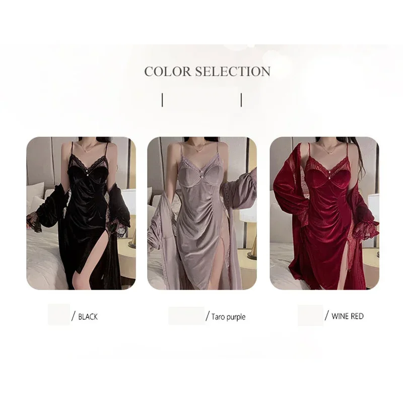 REBEYULI Brand Winter Robe Gown Sets Women 2024 Autumn Velvet Lace Solid Mini Dress with Chest Pad Casual Split Loungewear Women