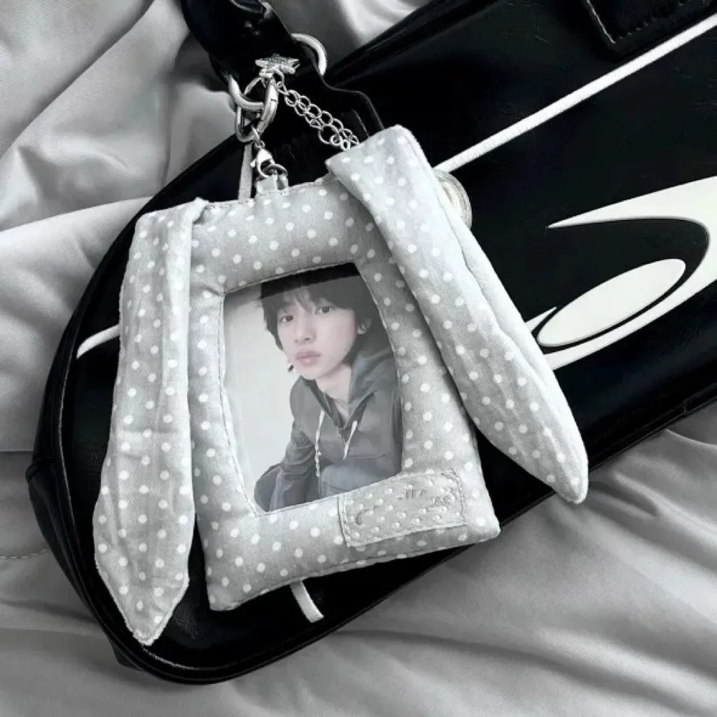 Cute Devil Bunny Ears ID Card Cover Kawaii Photocard Sleeve Student Campus Meal Card Holder Bag Keychain Pendant