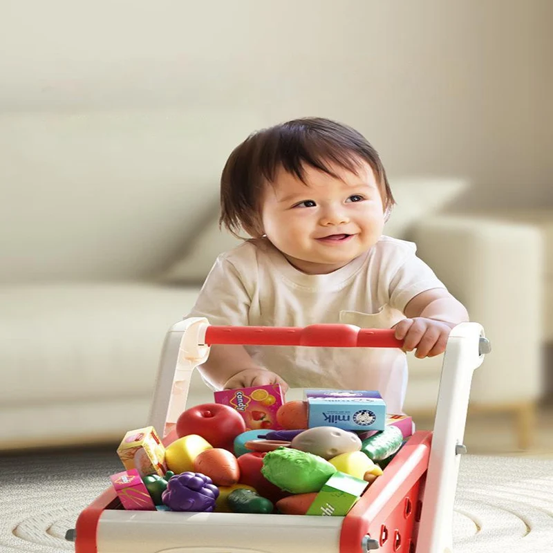 Carrello della spesa giocattolo bambino piccolo carrello bambini giocano casa frutta tagliata musica cucina supermercato uomini e ragazze