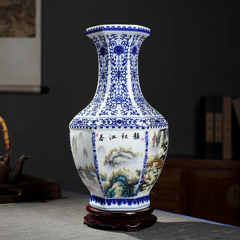 Qing Qianlong Antique Ceramic Vase Blue and White  Hexagon Vase With Flower Antique Porcelain Ancient Porcelain Collection