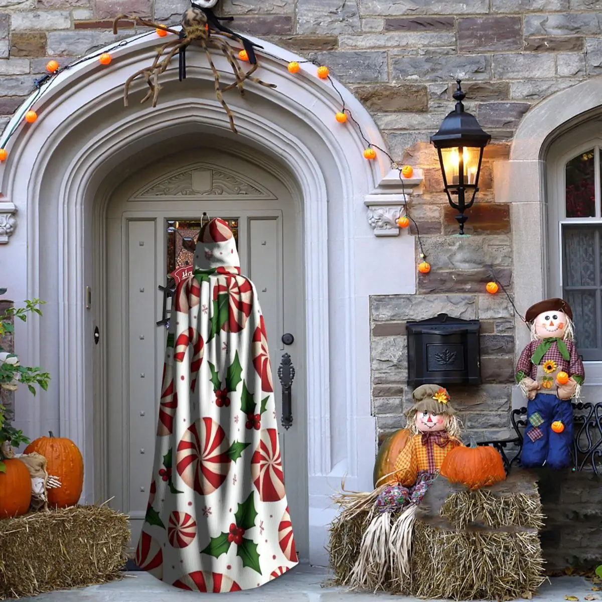 يوم عيد الميلاد عيد الميلاد النعناع الحلوى دوامة نمط طويل مقنعين عباءة الساحرة القرون الوسطى زي تأثيري كيب هالوين مصاص دماء الكبار