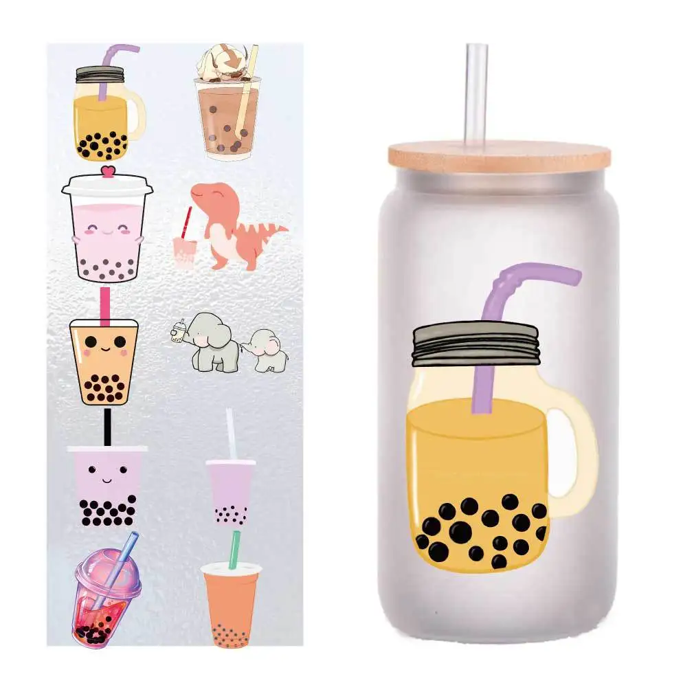 

10 sheets of four-inch cartoon pearl milk tea series UV transfer stickers crystal label glass glass sticker customization