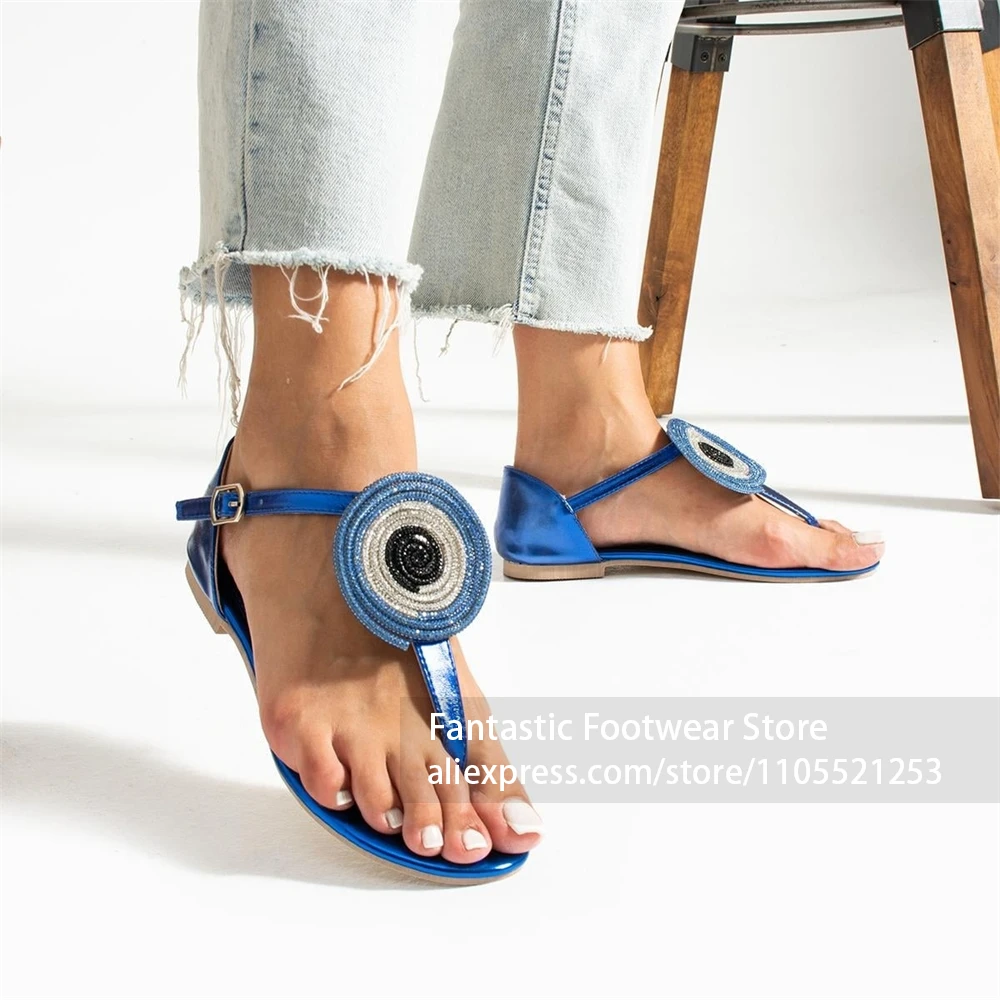 Spiral Circular Rhinestones Thong Sandals Ankle Strap Flat Summer Shoes Open Toe Luxurious Gradient Crystal Handmade Women Shoes