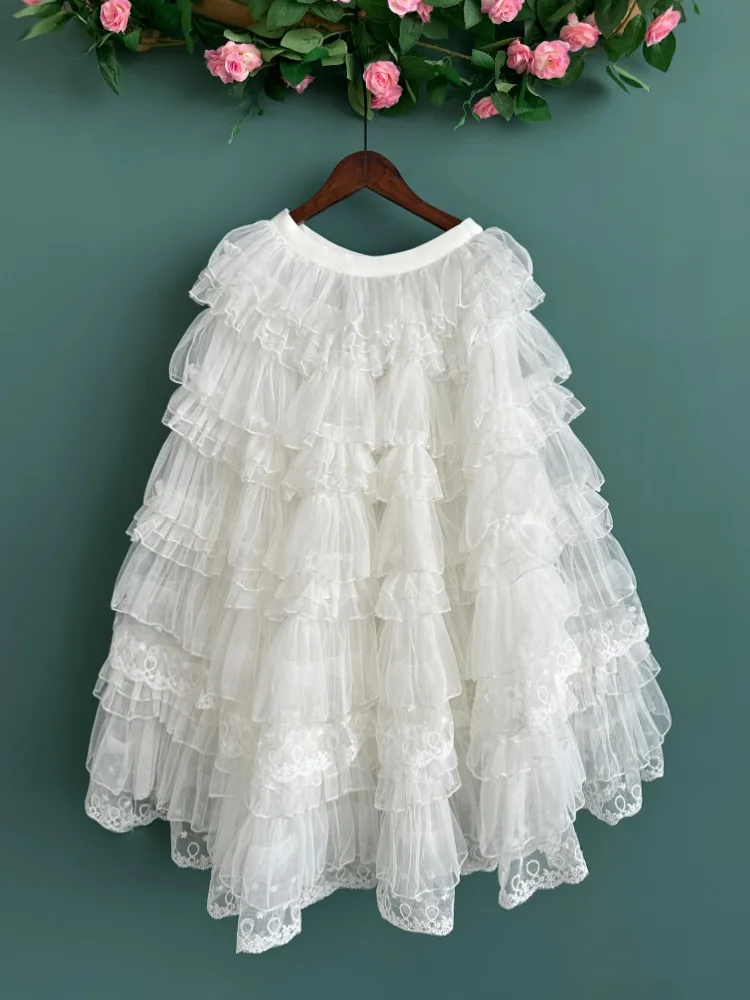 Dophee Original Sweet Ruffles Fairy Mesh Skirt Elegant Lace High Waist Cake Long Skirt Mid-long A-line Women Wedding Gauze Skirt