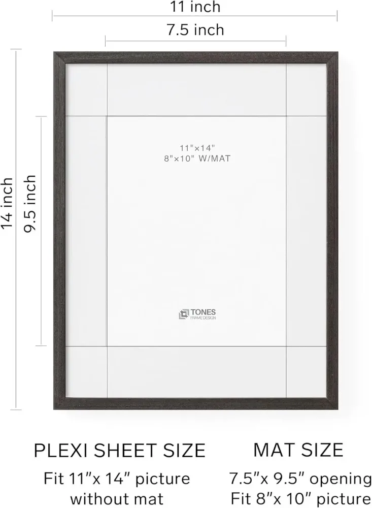 11x14 Black Picture Frame with 8x10 Mat, Set of 4 Grey Black Frames Solid Wood Venner Finish and Plexiglass Front for Poster