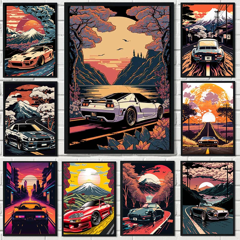 80s Retro Jdm Car Poster Aesthetic 911 GTR Road Luxury Cars City Moon Canvas Painting for Wall Art Mural Driver Home Room Decor