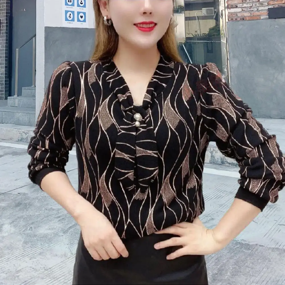 Women Printing Shirt Stylish Women\'s V-neck Tie Shirt with Long Sleeves Faux Pearl Detailing Loose Fit Blouse Design Plus Size