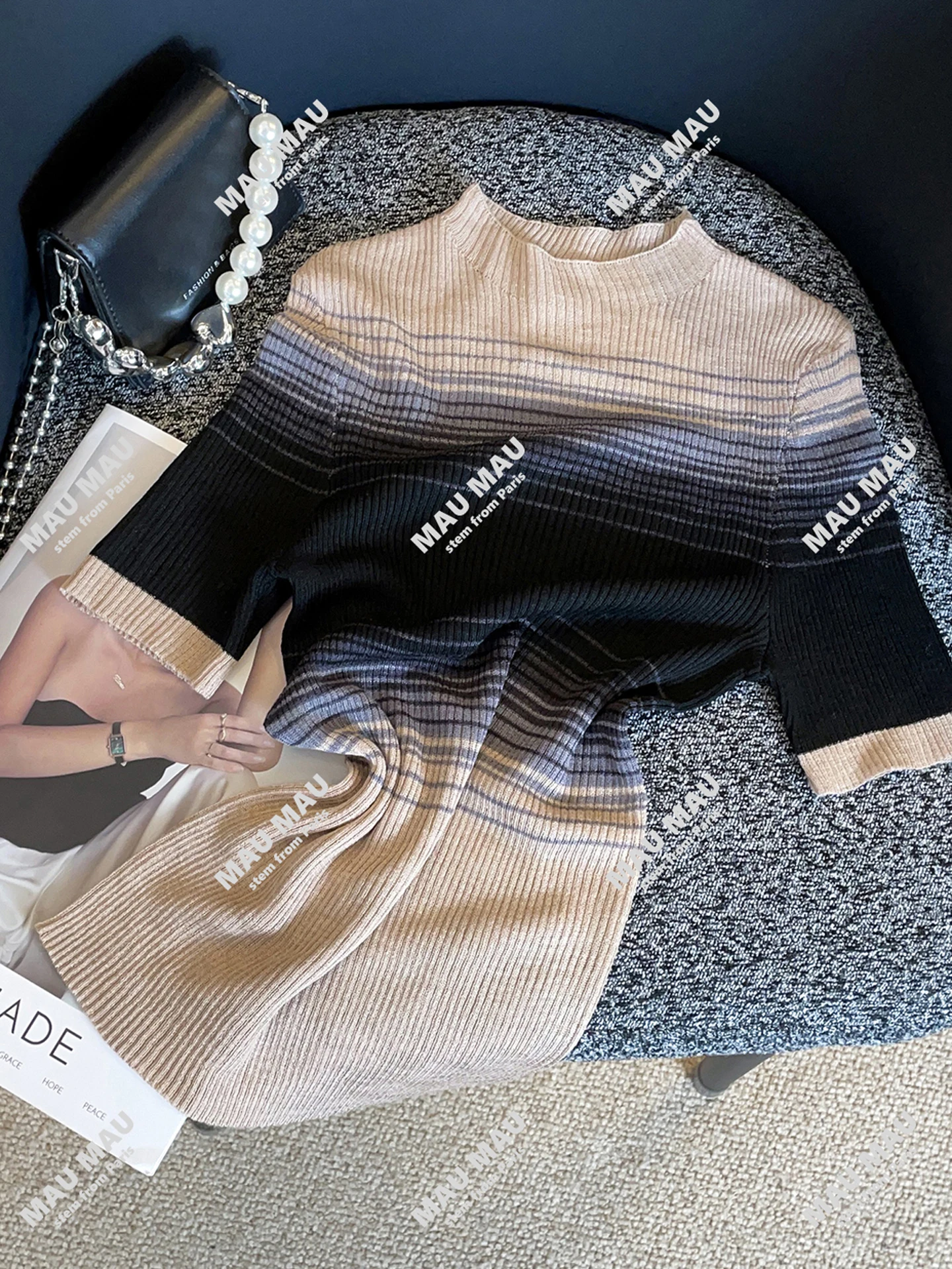 

Slim Fit adient Stripe Knit Top Women's Faion Retro Design Commute Sle ort Sve round Ne Knitted Sweater