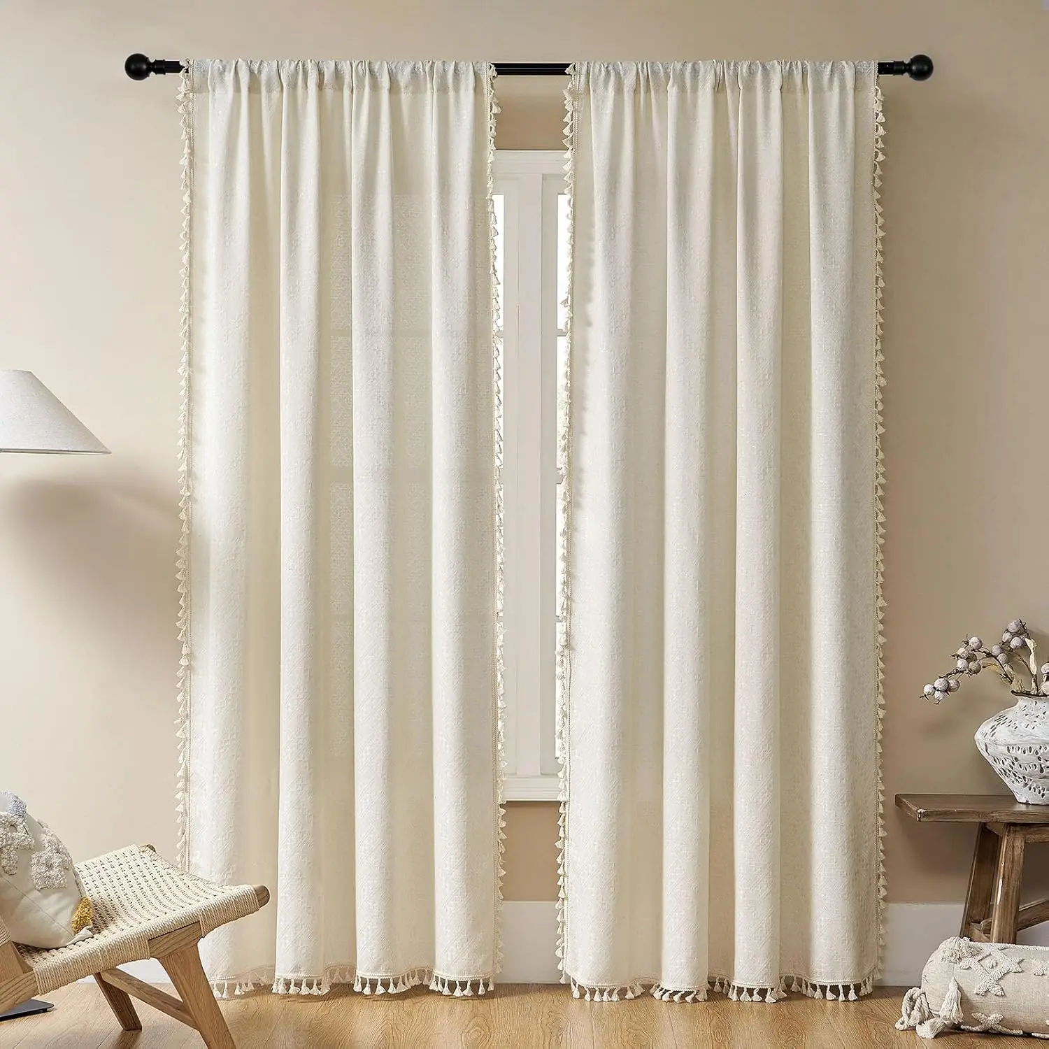

Natural Linen Beige Boho Curtains - 84 Inch Length 2 Panels, Super Soft Bohemian Farmhouse Curtains with Tassels, Semi S