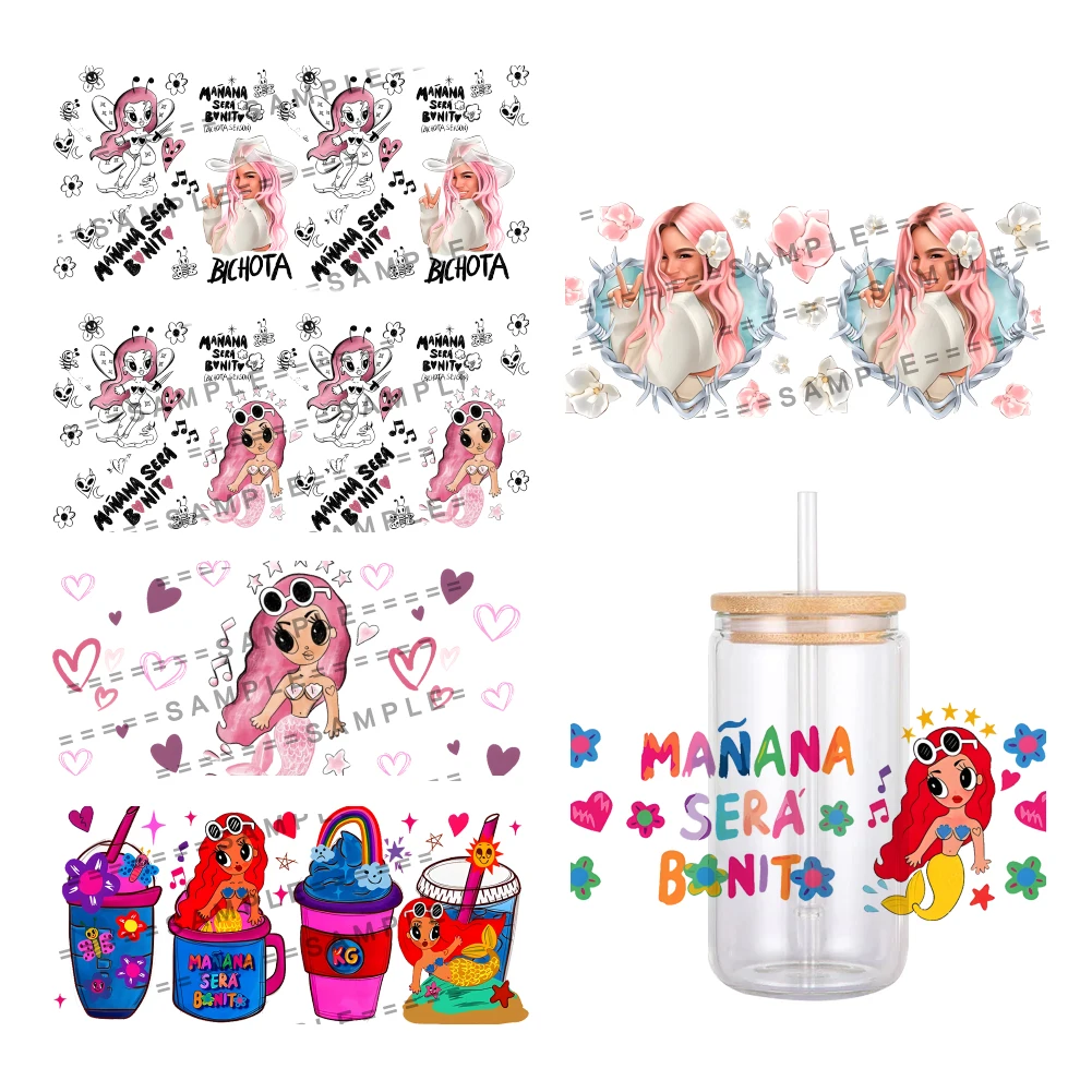 W Singer Karol G Pattern Designs UV DTF Transfer Sticker Waterproof Transfers Decals For 16oz Glass Cup Wrap Stickers