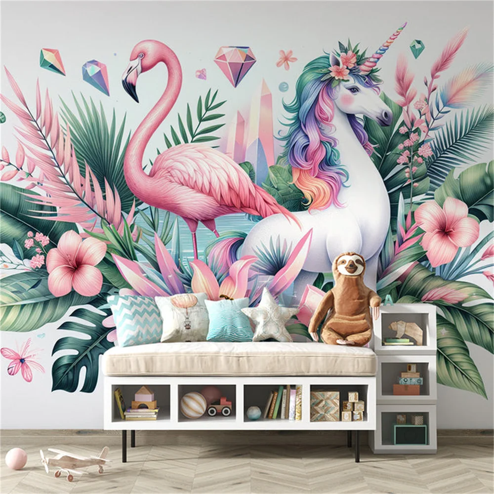 Customized 3D printing for the entire house, featuring unicorn wallpaper, pink flamingos, tropical leaves, and flowers