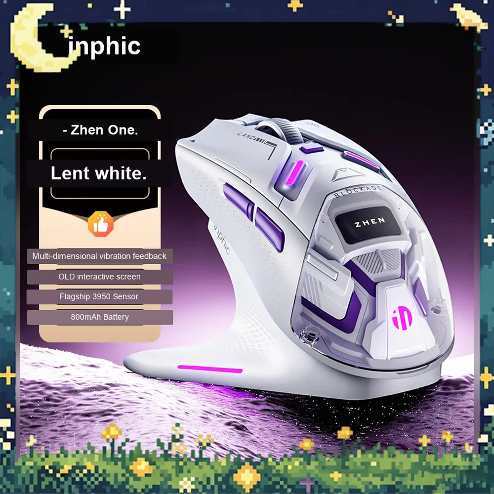 Inphic ZHEN Mouse Tri Mode Wireless PAW3950 Long Battery Life Gaming Mice OLED Display Magnetic Charging Base Office Accessories