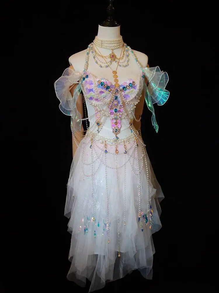 Conjunto de Vestido de Gasa Brillante de Lujo para Actuación de Sirena IEDM edc, Disfraz de Cosplay Sexy para Actuación de Música Electrónica