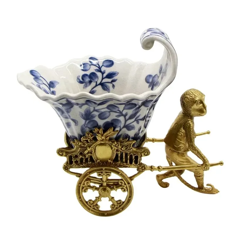 European Hand Painted Ceramic Monkey Cart Fruit Bowl Glazed Porcelain Sculpture Nautical Model Home Decoration